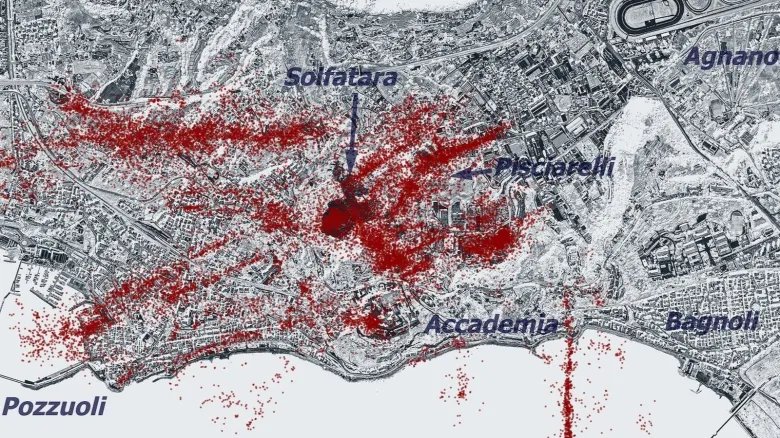 Map showing the locations of previously undetected earthquakes in and around some of the towns in the Campi Flegrei caldera.