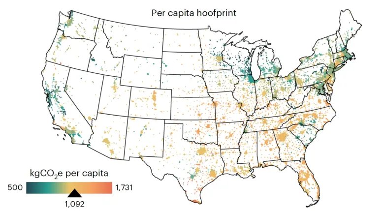 Map of the mainland United States with cities colour-coded by meat-related carbon dioxide emissions.