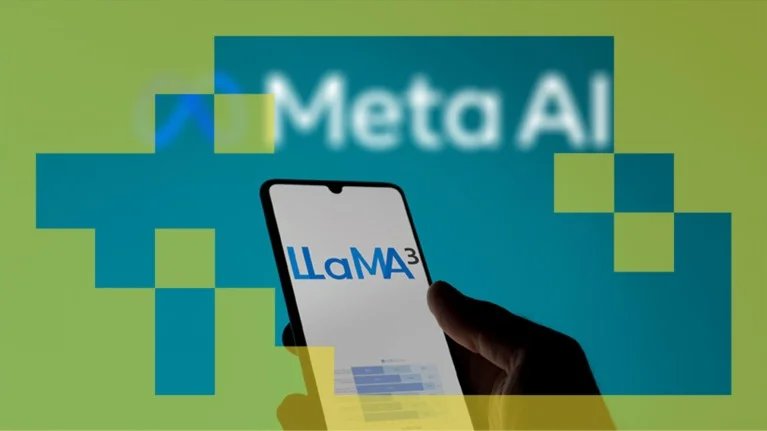 Someone looking the page of Llama 3 on a phone, in a background the blurry logo of Meta AI.