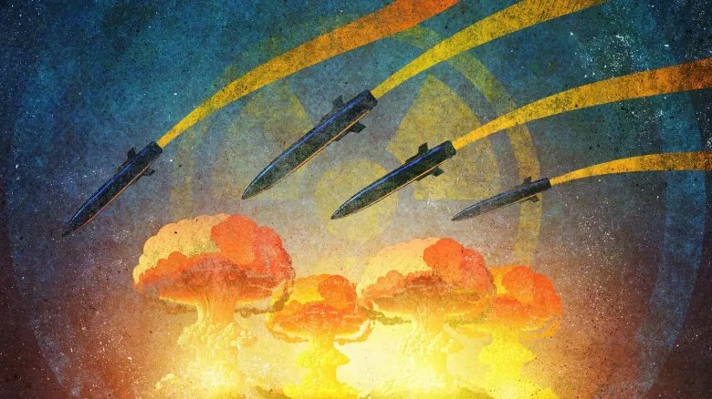 An illustration of nuclear warheads flying through the air with mushroom clouds from blasts below them