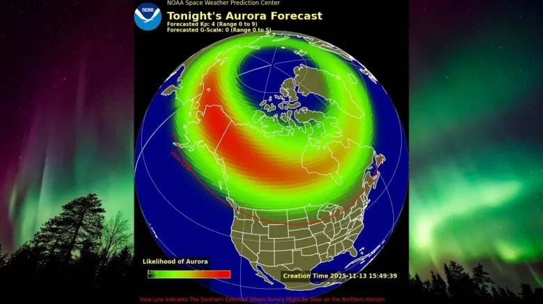 graphic showing the aurora viewline map for tonight from noaa039s space weather prediction center it shows which states are likely for auroras