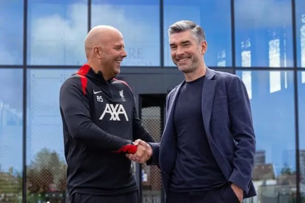 KIRKBY ENGLAND - Friday July 5 2024 Liverpool039s new head coach Arne Slot L and Sporting Director Richard Hughes R are presented at a photo call at the club039s AXA Training Centre Photo by David RawcliffePropaganda
