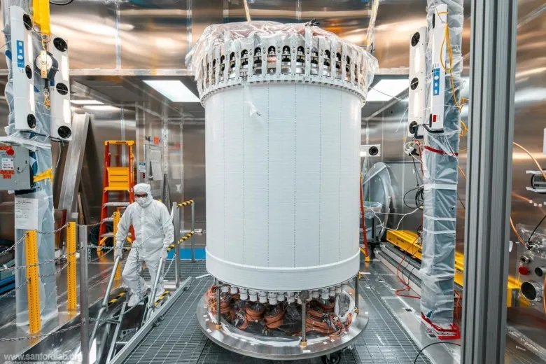 The LUX-ZEPLIN main detector in a surface lab before installation underground