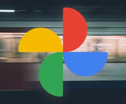 The Google Photos logo over a blurred image of an object in motion
