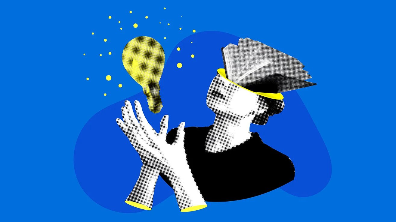 Halftone woman with book in her head holds a light bulb